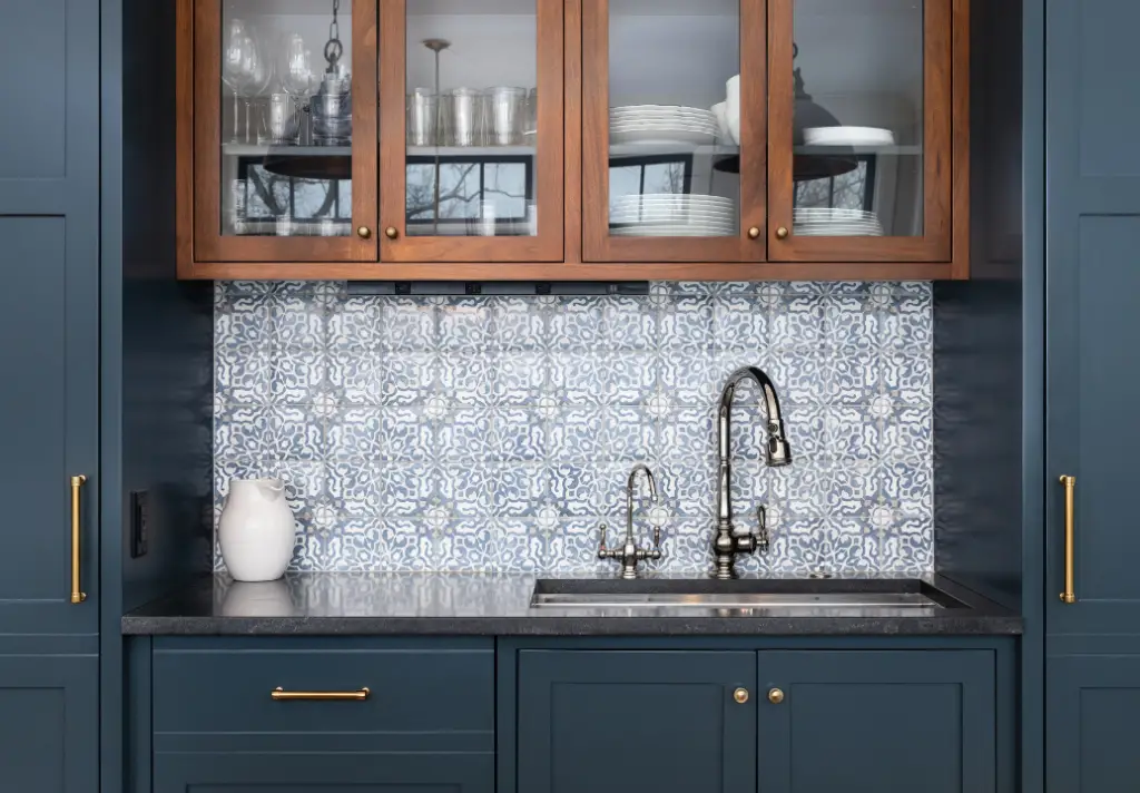 blue tiled kitchen backsplash