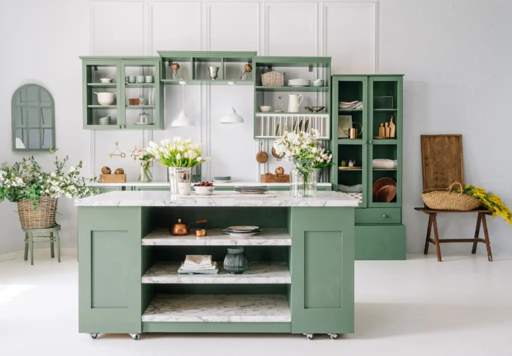 sage green kitchen cabinets and island